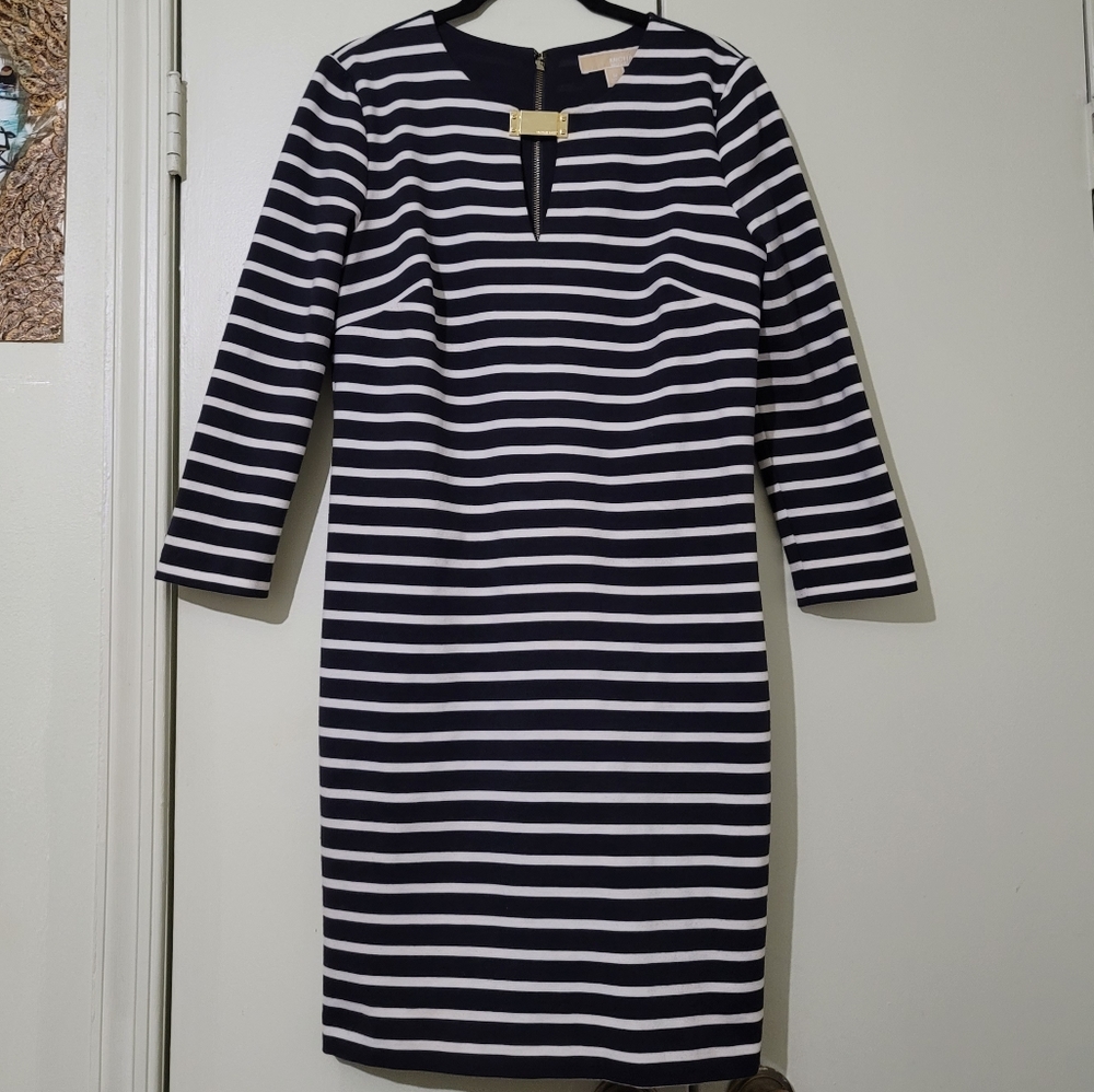 MICHAEL Michael Kors Stripe Dress w/ Gold Buckle